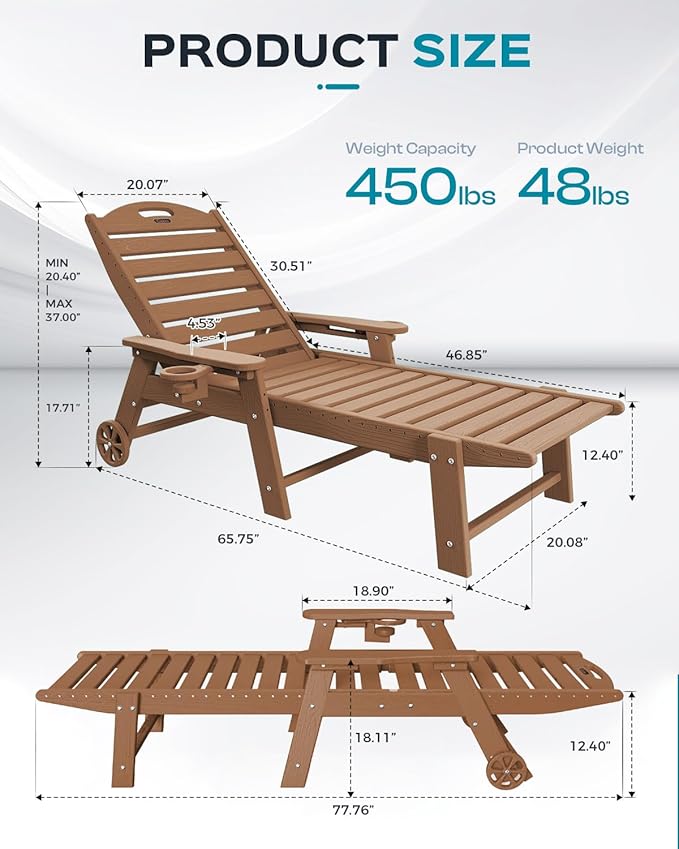 Outdoor Chaise Lounge Chair Set of 2, Patio Lounge Chairs for Outside, HDPE Lounge Chair with Wheels & Cup Holder, Poly Chair with 5 Position for Poolside, Deck, Brown