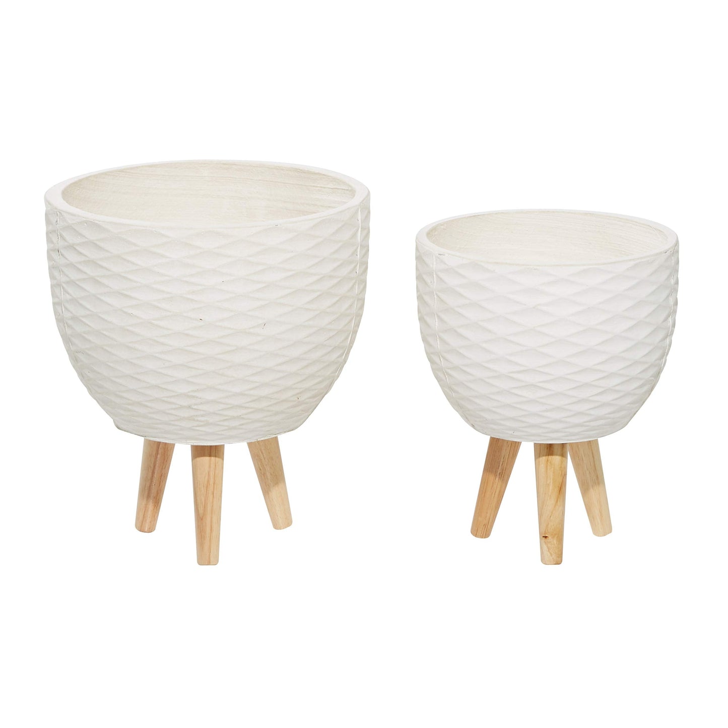 Deco 79 Ceramic Geometric Indoor Outdoor Planter Diamond Patterned Large Planter Pot with Wood Tripod Legs, Set of 2 Planters 16", 14"H, White