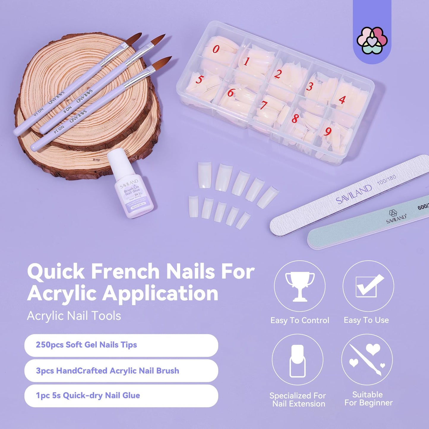 SAVILAND Acrylic Nail Tips with Acrylic Nail Brush: 10 Sizes Half Cover French Nails Tips Manicure Brush Size 8/10/14 for Acrylic Powder Nail Kit with Box Art At Home DIY