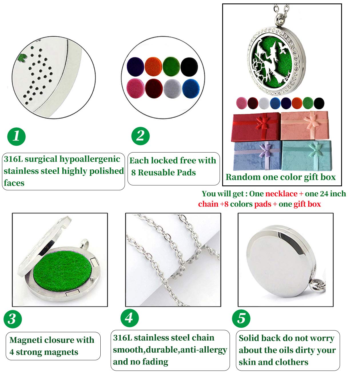 Popeoiuh Essential Oil Diffuser Necklace for Birthday Christmas- Aromatherapy Crystal Jewelry Stainless Steel Halloween Magic Witch Locket Pendant with 24'' Chain 8 Washable Refill Pads Gift