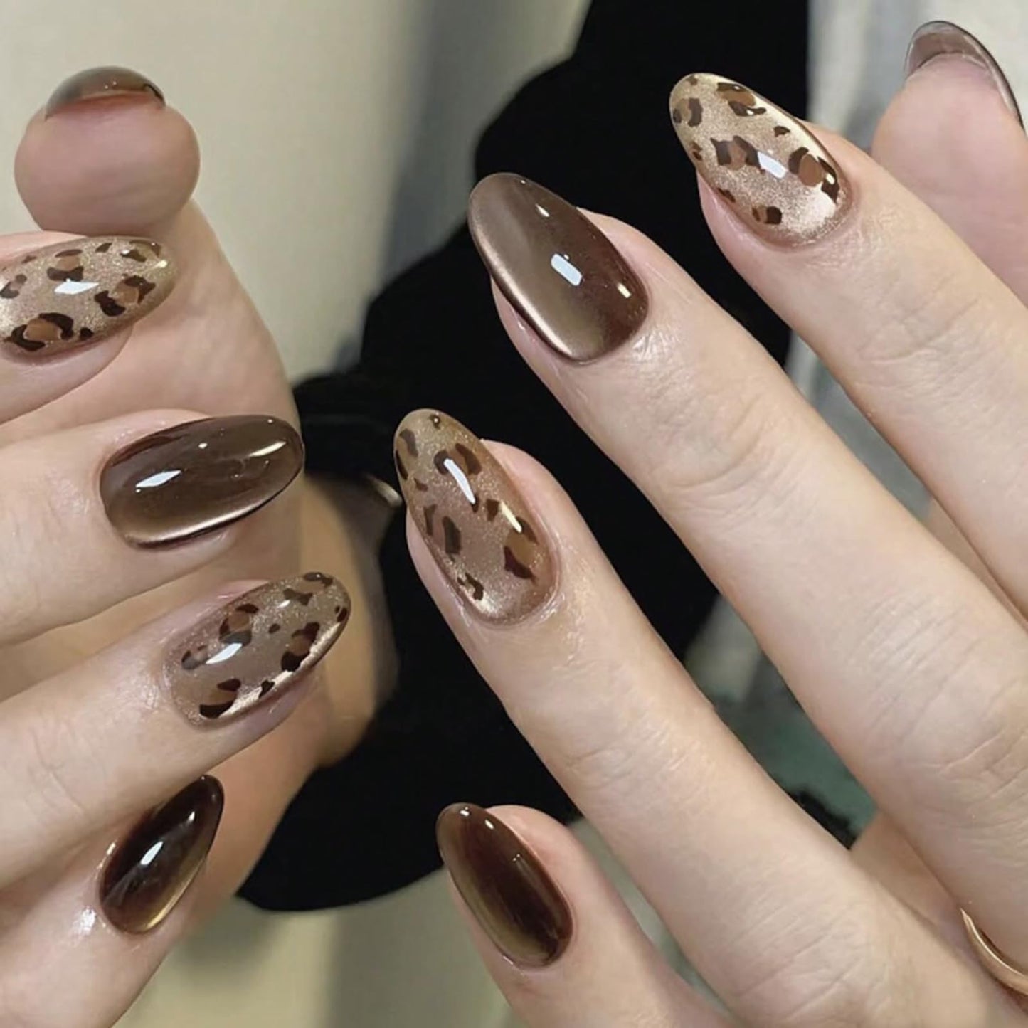 Mivota Brown Leopard Press On Nails Almond Long, 24PCS Glossy Brown Fake Nails, Leopard Print Stick On Nails for Women, Reusable Soft Gel Press on Nails, Acrylic Look Artificial Nails for Daily Wear