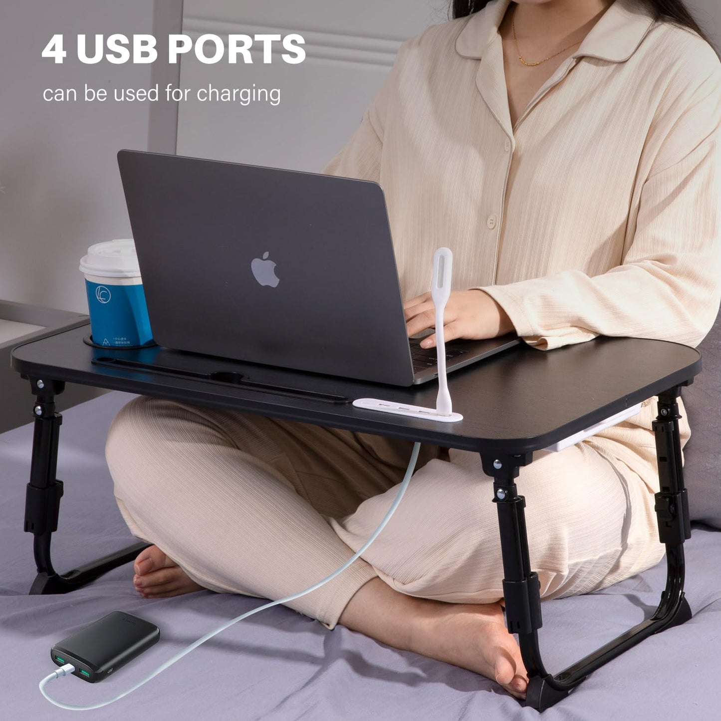 BYMECOST Laptop Desk for Bed, Height Adjustable Laptop Bed Table, Foldable Portable Lap Desk Stand with USB/Storage Drawer/Cup Holder/Slot, Breakfast Tray for Working Reading Writing Eating