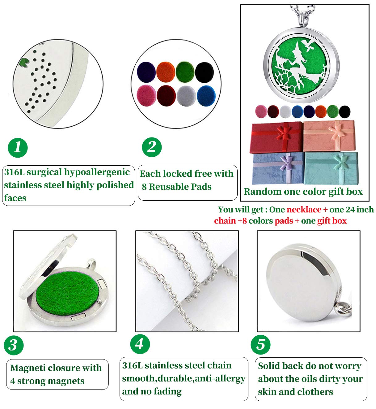 Popeoiuh Essential Oil Diffuser Necklace - Aromatherapy Jewelry Halloween Stainless Steel Magic Witch Locket Pendant with 24 Inches Chain + 8 Washable Refill Pads Birthday