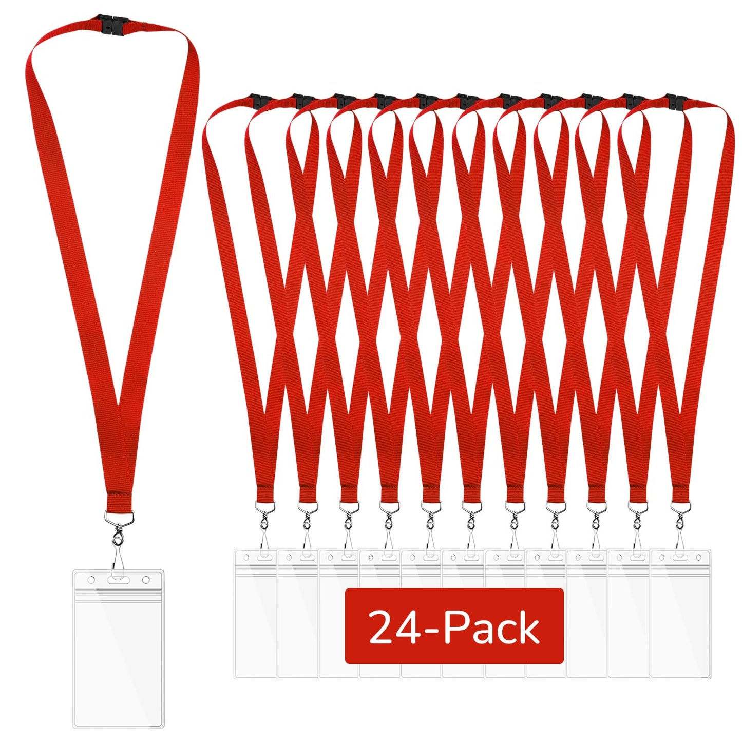 WEZEBEL 24-Pack Red Breakaway Lanyards with Waterproof Badge Holders, Polyester Neck Straps for ID Cards, Events, Office, and Schools