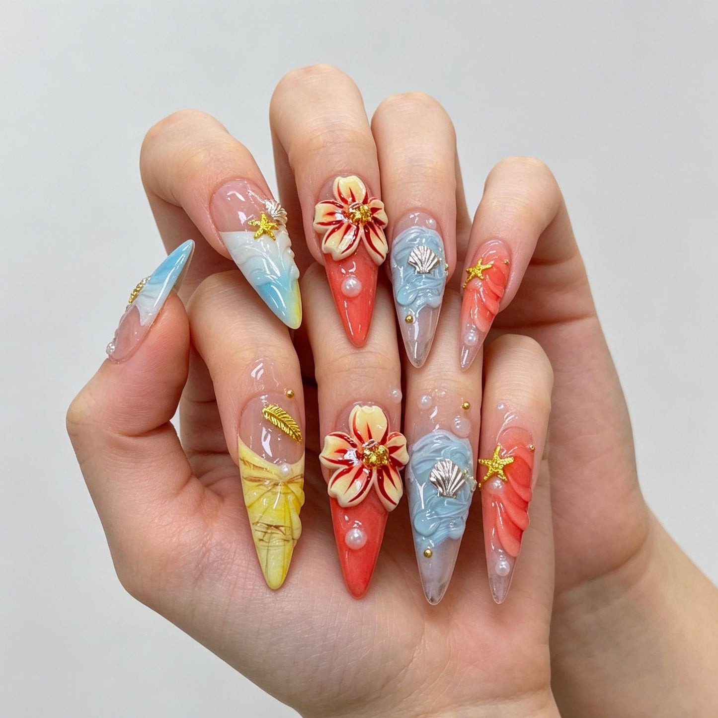 10 Pcs Handmade Press on Nails Long Stiletto Fake Nails with Design 3D French Tip Flower False Nails Nude Acrylic Long Stiletto Press Ons Nails for Women Wedding Party - Size M