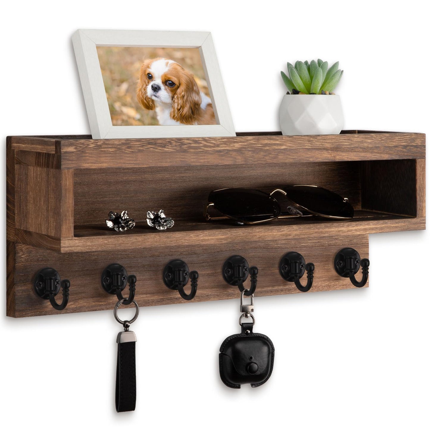 Lucundm Key and Mail Holder Wall Mount, Key Hanger with Long Storage Box and 6 Hooks for Coat, Dog Leash, Home Decor Rack, House Accessories, Entry Way Organizer (Brown)