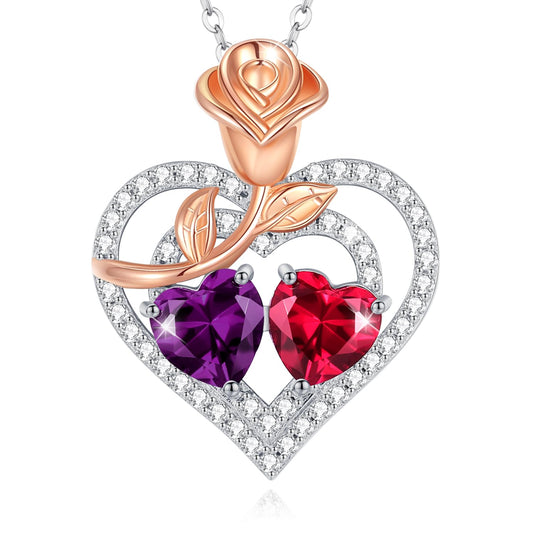 AGVANA February July Birthstone Jewelry Amethyst Ruby Necklace Sterling Silver Rose Flower Heart Double Birthstone Pendant Necklace Anniversary Birthday Gifts for Women Mom Wife Lady Her