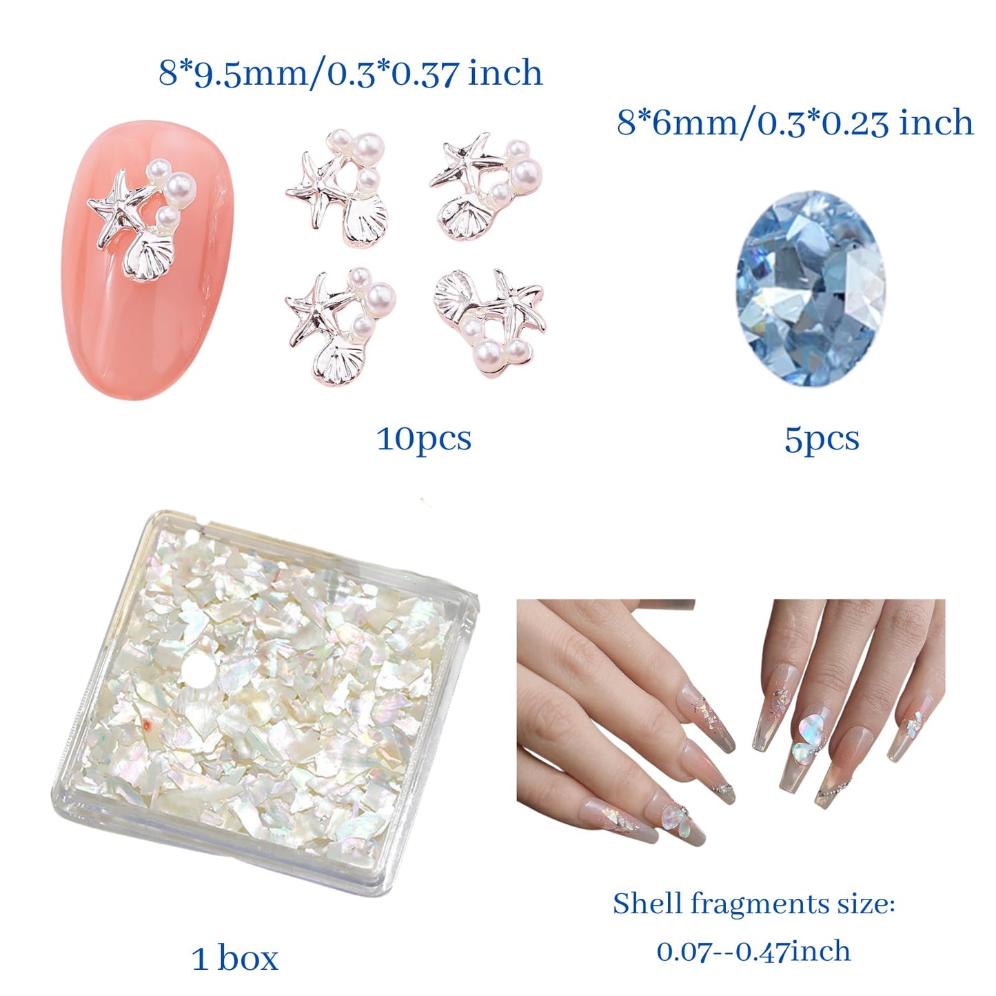 Press On Nail Sizing Card +Ocean Nail Charms Gem Kit Bundle