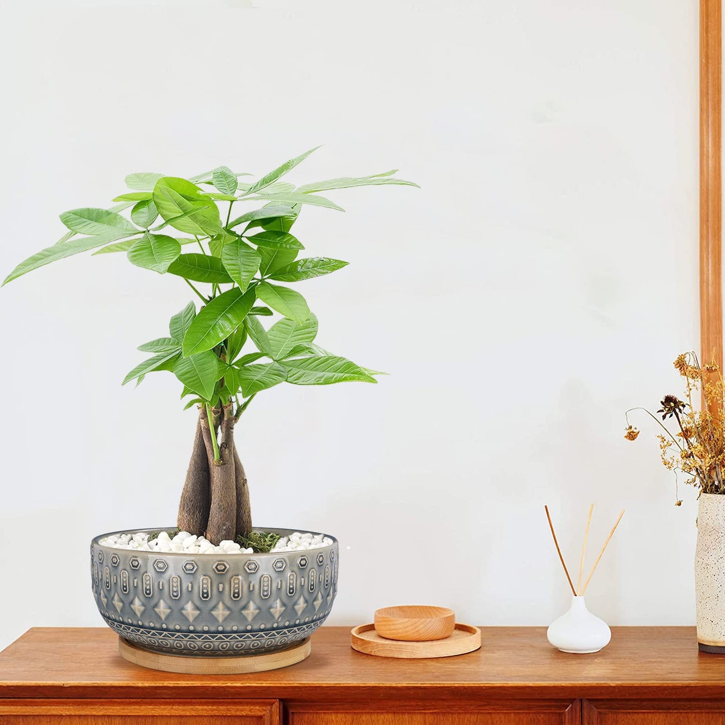 8 Inch Ceramic Succulent Planter Pots with Drainage Hole Flower Pot for Indoor Plants Round Shallow Bonsai Pot with Bamboo Tray Blue