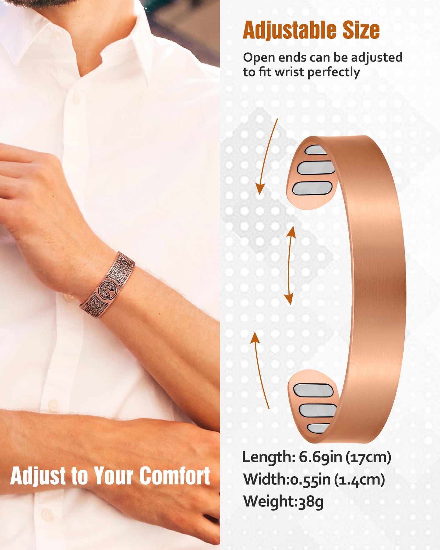 Jecanori Pure Copper Magnetic Bracelets for Men and Women–Upgraded Oval Magnets-Adjustable Cuff Bangles