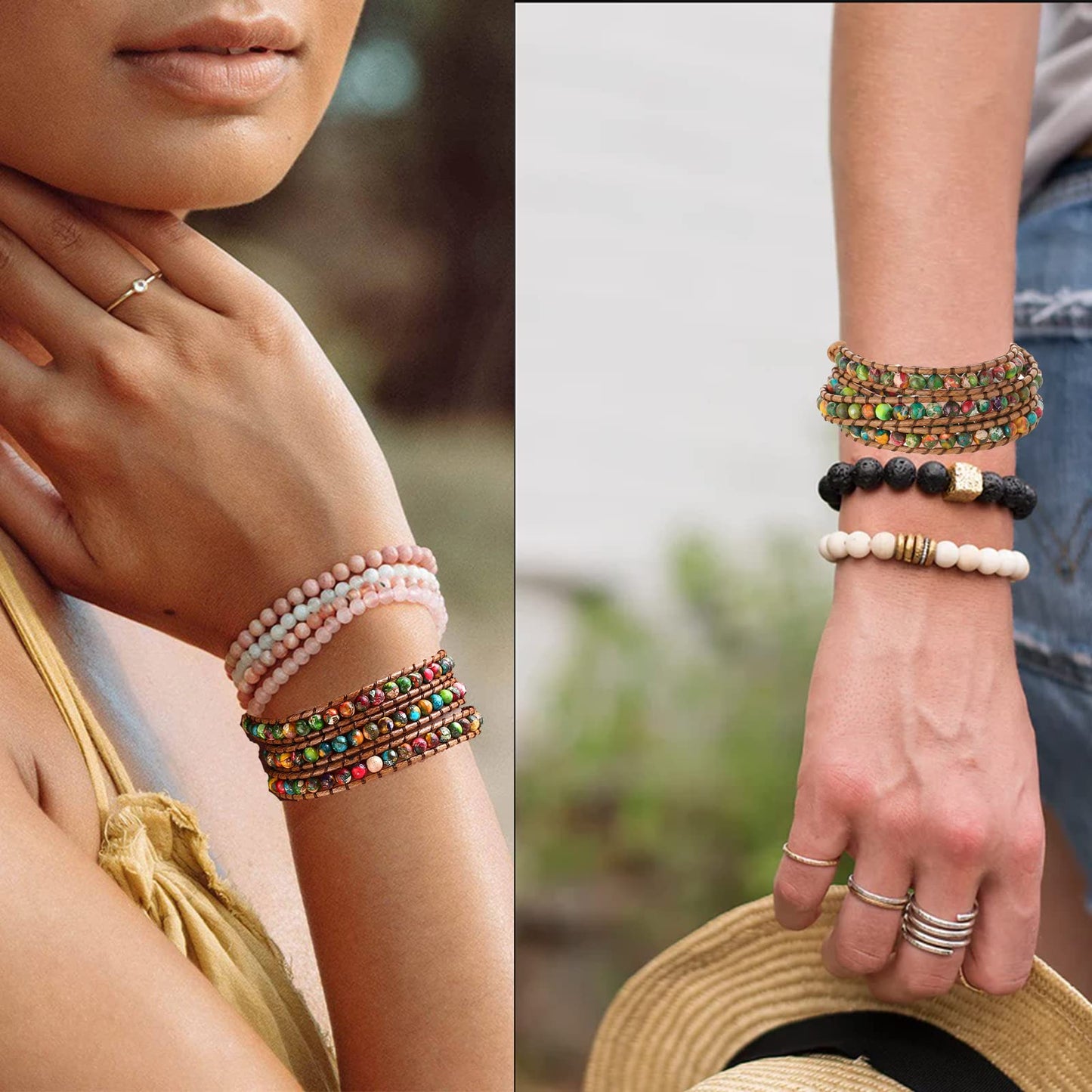 Plumiss Women Natural Imperial Jasper Beaded Vegan 3 Wrap Stackable Bracelet