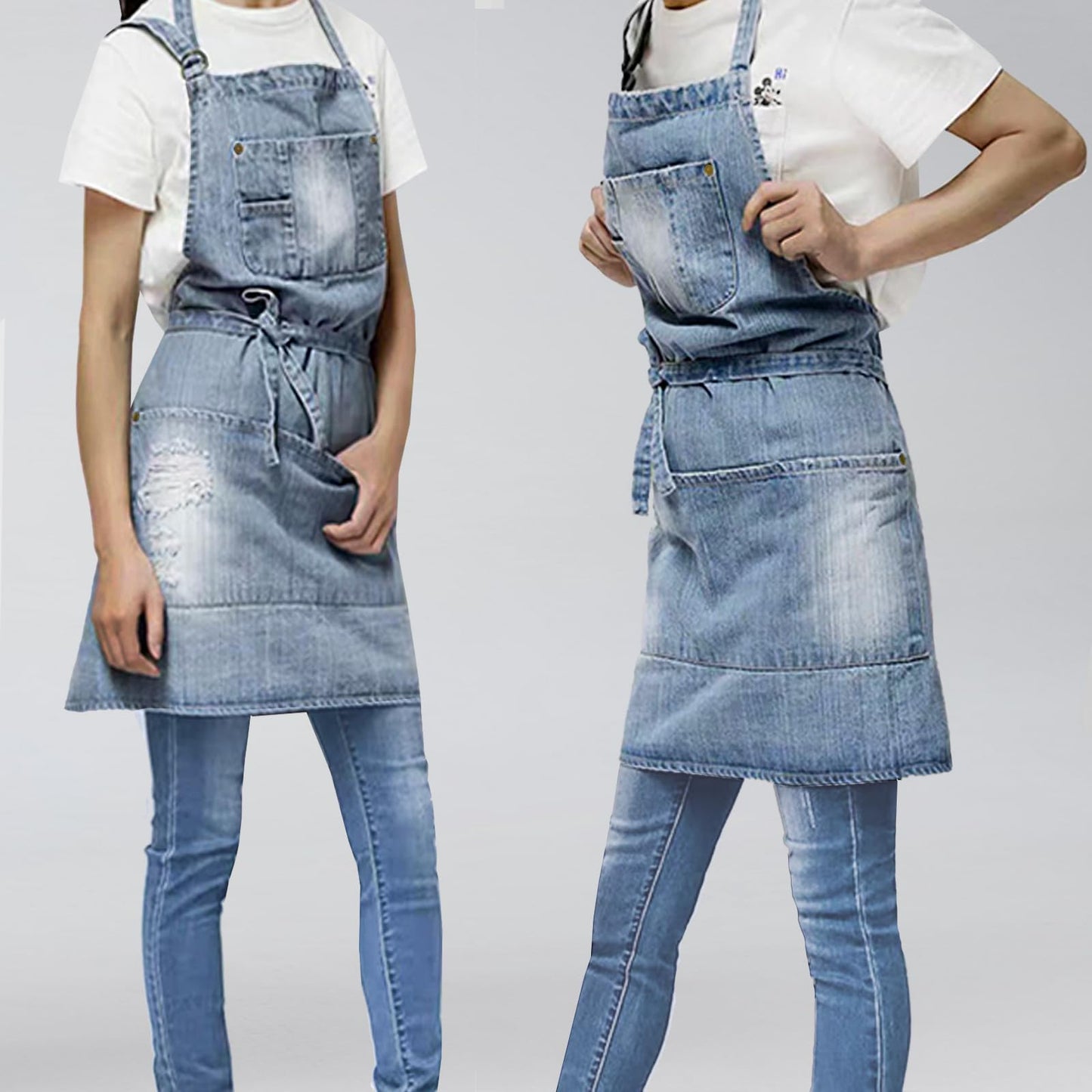 Jowcud Denim Apron With 5 Pockets for Cooking Kitchens,Hairstylist Aprons for Women Men,Adjustable Bib Jean Apron for Arts Gardening Cafes Bars Work