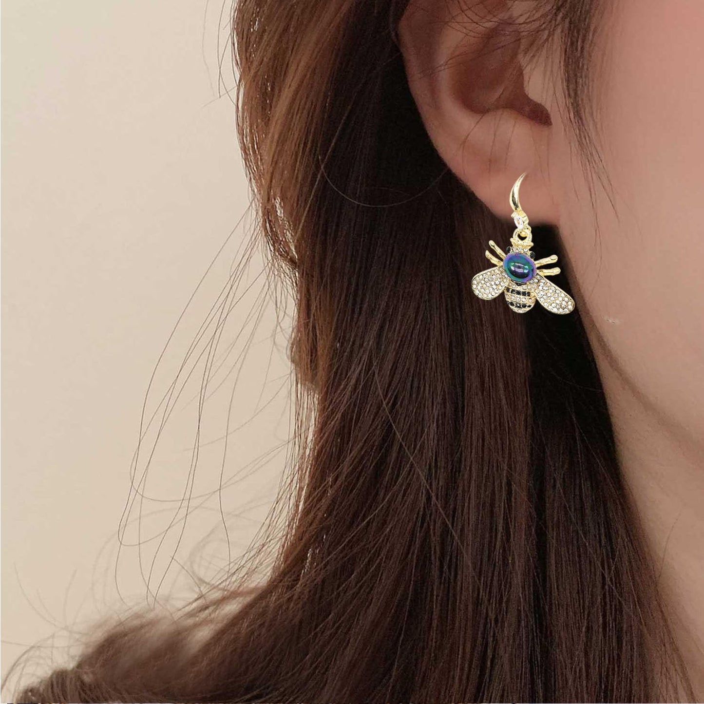 Honey Bee Drop Earrings Crystal Insect Themed Dangle Earring Animal Fashion Shell Pearl Hook Earring Gold Tone for Women Jewelry (Multicolored black pearl earring)