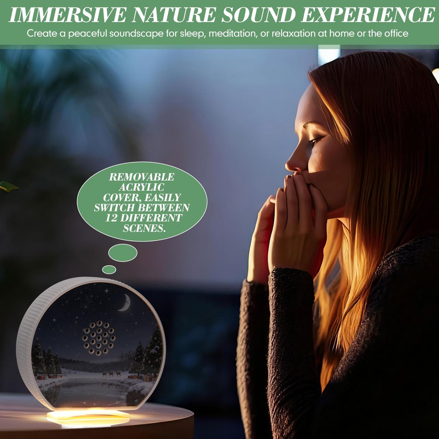 Hollowfly Singing Bird Box White Noise Sound Machine LED Light Radar Sensor Relaxation Device with 12 Natural Sounds Scenery Card Timer Bird Lover Gift for Sleeping Winter Holiday Staff Teacher Office