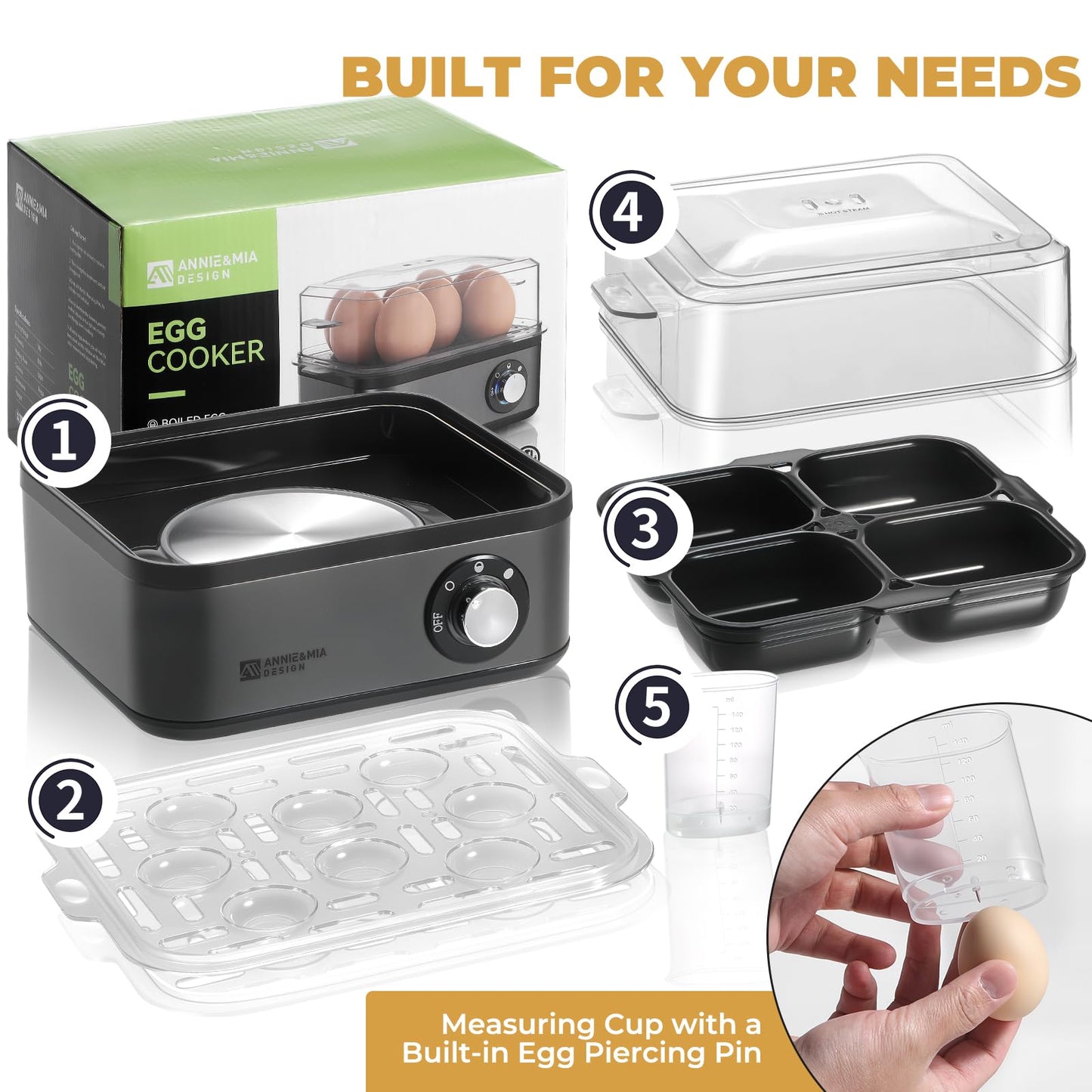 Annie & Mia Design Stainless Steel Electric Rapid Egg Cooker, 8 Egg Capacity 500W, Soft/Medium/Hard Boiled Egg Boiler Poacher Steamer Omelet Maker, Knob Auto Shut-Off, with Recipe Guide Book (Black)