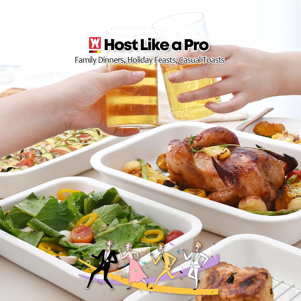 Wagensteiger Ceramic Roasting Pan, Baking Dish with Stainless Steel Rack, Non Stick Chicken Roaster Pan, Microwave or Conventional Oven Cooking, Food Prep Tools, White Color (White, 2.94 Quarts)