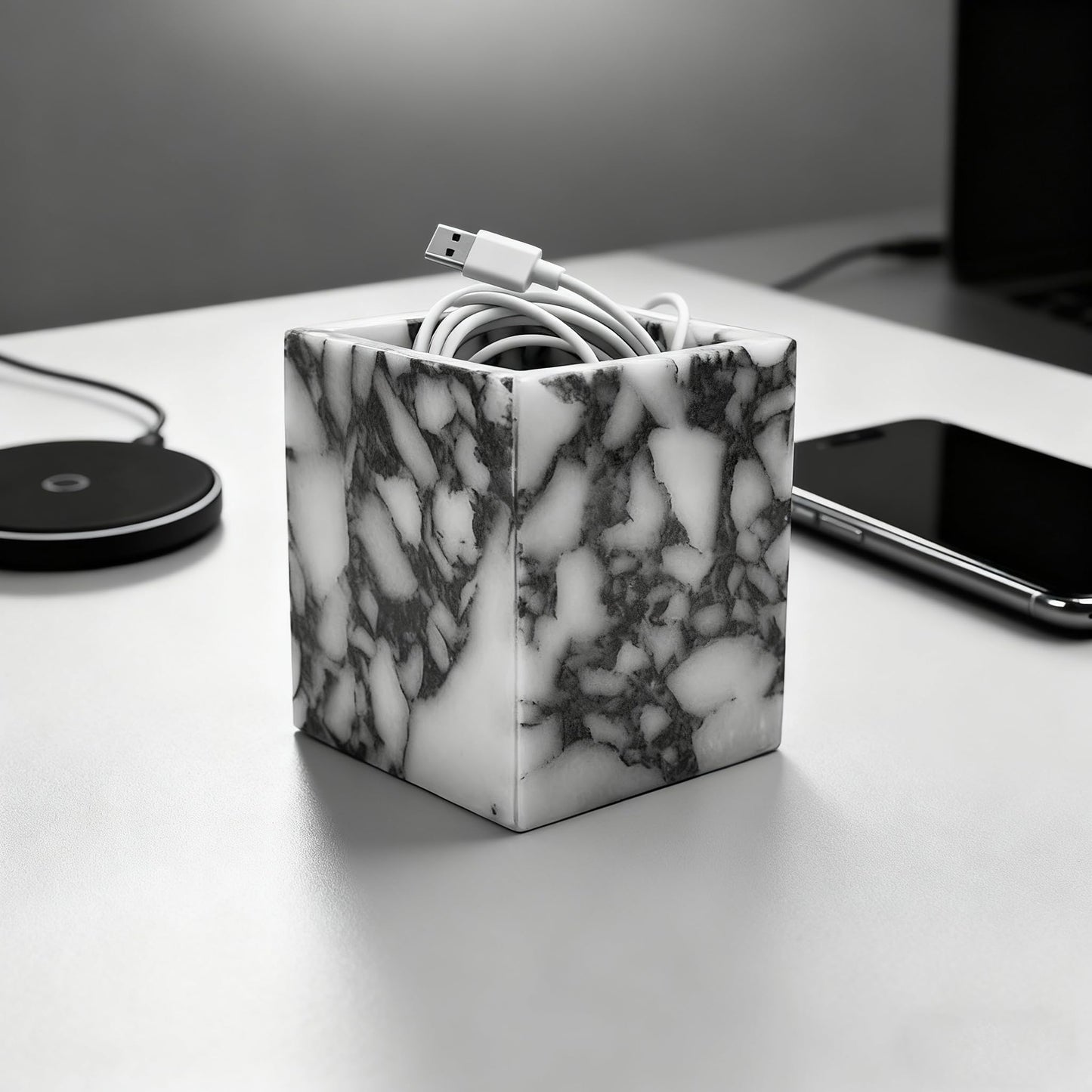 Artisanal Abode Marble Pen Holder, White Stone Rectangular Desktop Organizer, Office Study Makeup Brush Storage, Home Desk Decor, Minimalist Design, Durable Marble Accessory
