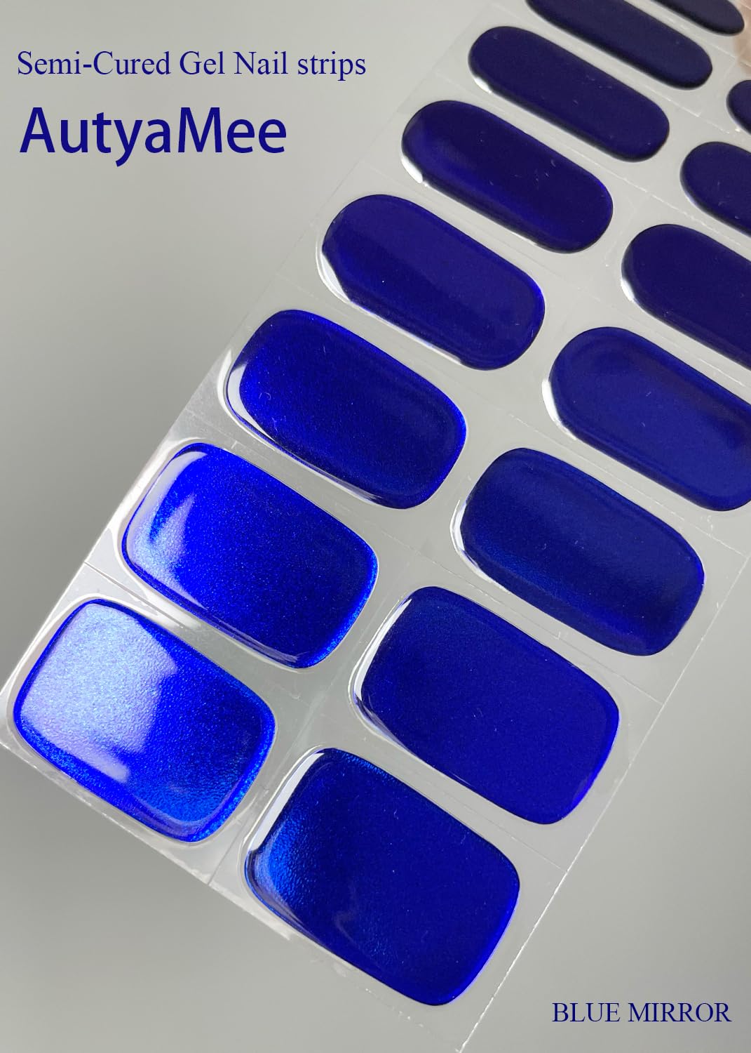 AutyaMee Semi Cured Gel Nail Strips (Blue Mirror), Chrome, 20 Pcs Gel Nail Wraps, Stickers, Salon Quality, Long Lasting, Works with Any UV Lamps