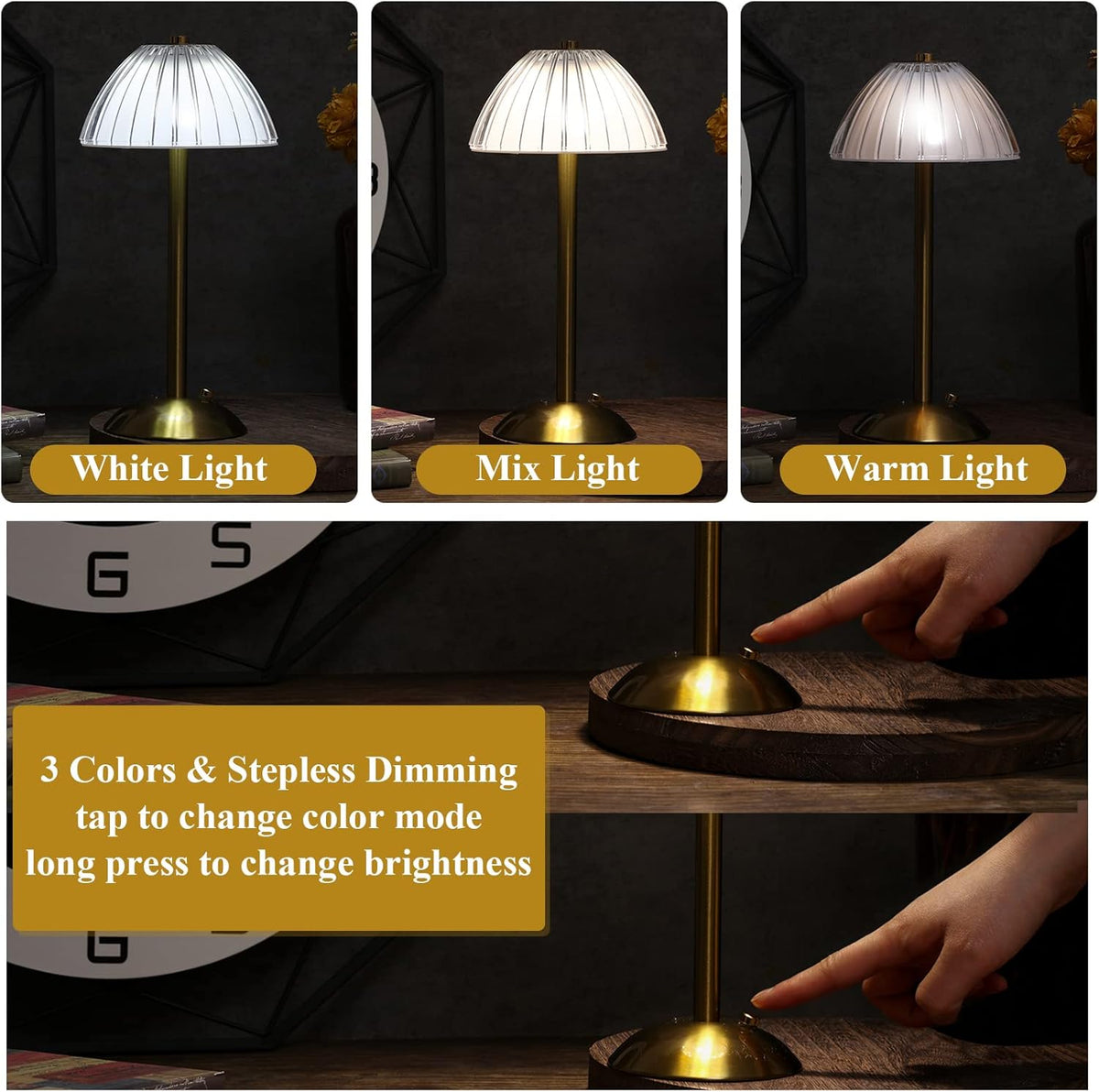 Liliful 1 Pcs LED Portable Cordless Table Lamp Touch Battery Operated Rechargeable Desk Lamp 3 Color Dimmable for Bedroom Living Room Dining (Mushroom Style,Gold)