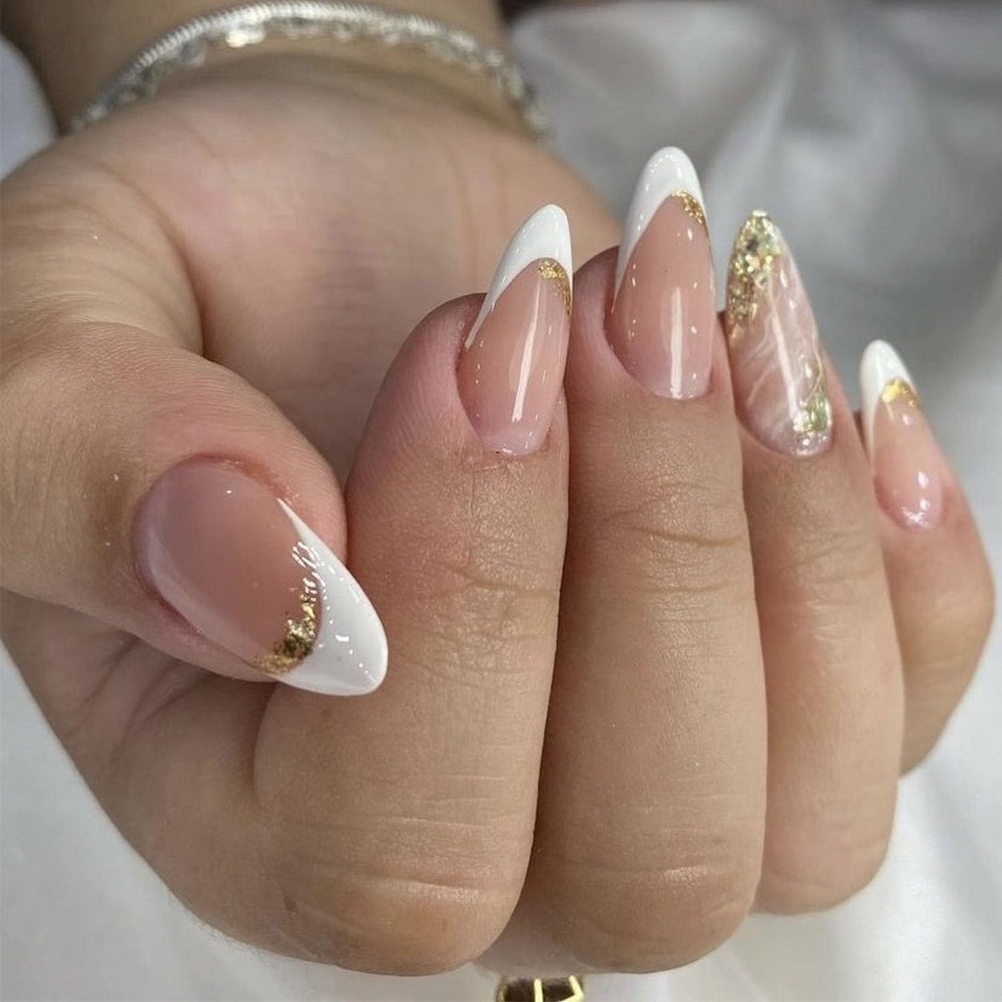 French Tip Press On Nails Short Almond, Nude Pink Fake Nails with Gold Foil Accent, Glossy Elegant Stick On Nails for Women, 24PCS Nail Kit