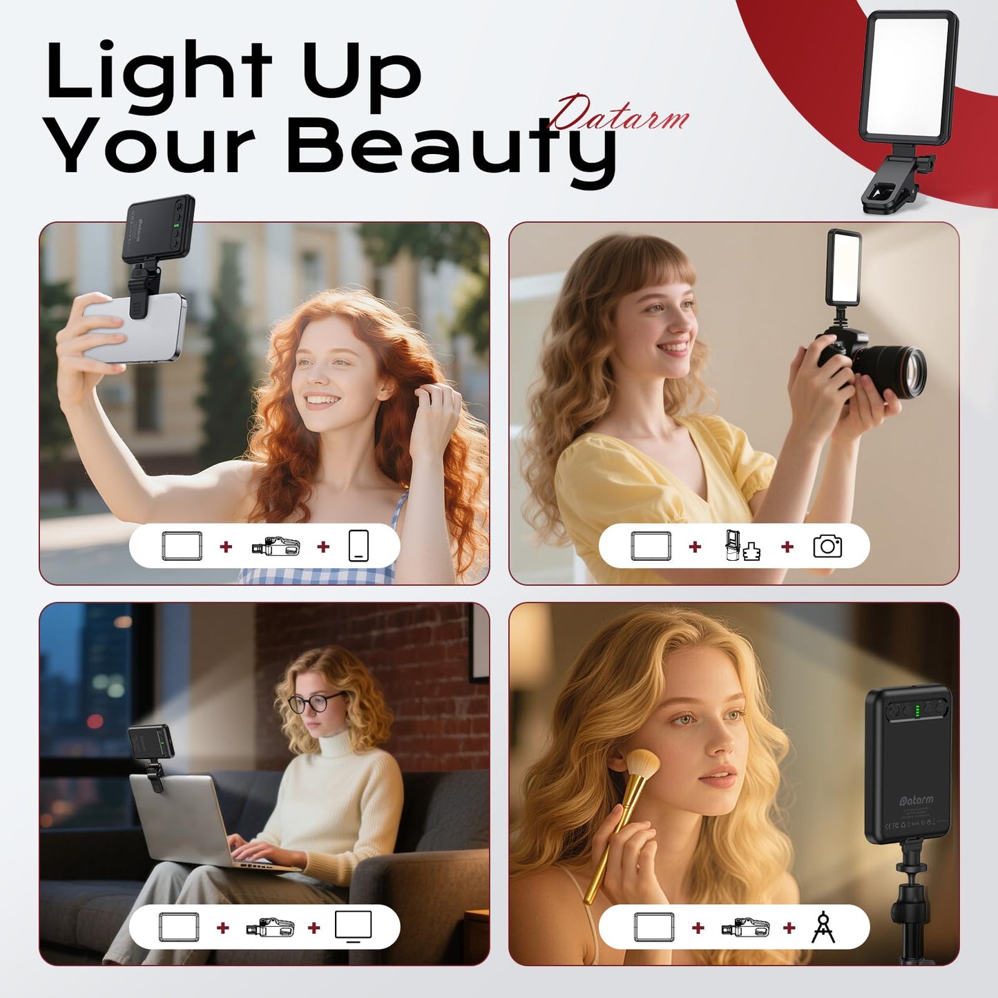 Datarm Rechargeable Soft Selfie Light for Phone, Camera, Laptop, 4-14H Battery Portable LED Light for Pictures, Phone Light Clip for Selfie, Vlog, TikTok, Makeup, Video Conference Black