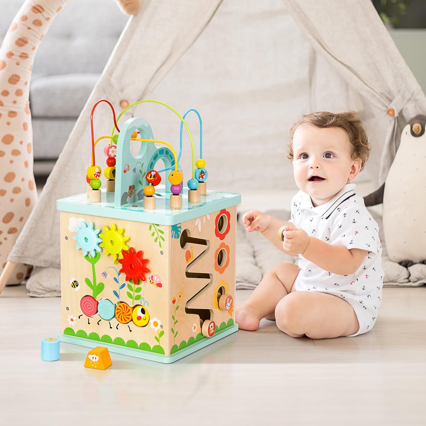 OOOK All-in-one Activity Center, 5 in 1 Baby Activity Table with Gear Game, Kids Sensory Table Play Cube with Montessori Calendar, Bead Maze, Shape Sorter, Ball Drop and More