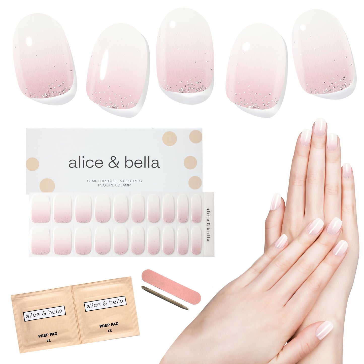 ALICE & BELLA Semi Cured Gel Nail Strips-20 PCS Ombre Gradient Effect Nail Strengthening Gel Stickers, Use with UV Light Lamp, Salon Quality Manicure Wraps (Bella's Favorite Ombre)