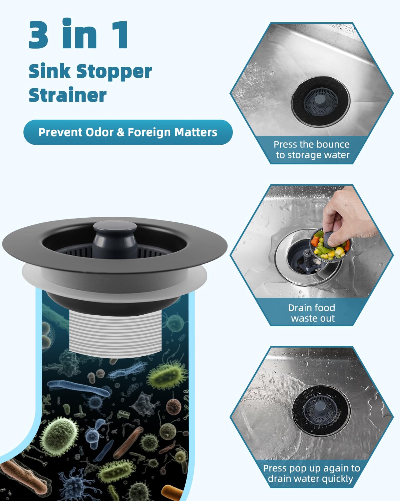 Universal 3 in 1 Kitchen Sink Drain Strainer Stopper Combo, Black Stainless Steel Shell Pop Up Sink Stopper for US Standard 3-1/2 inch Drain Filter, Anti-Clog and Easy Clean, Matte Black