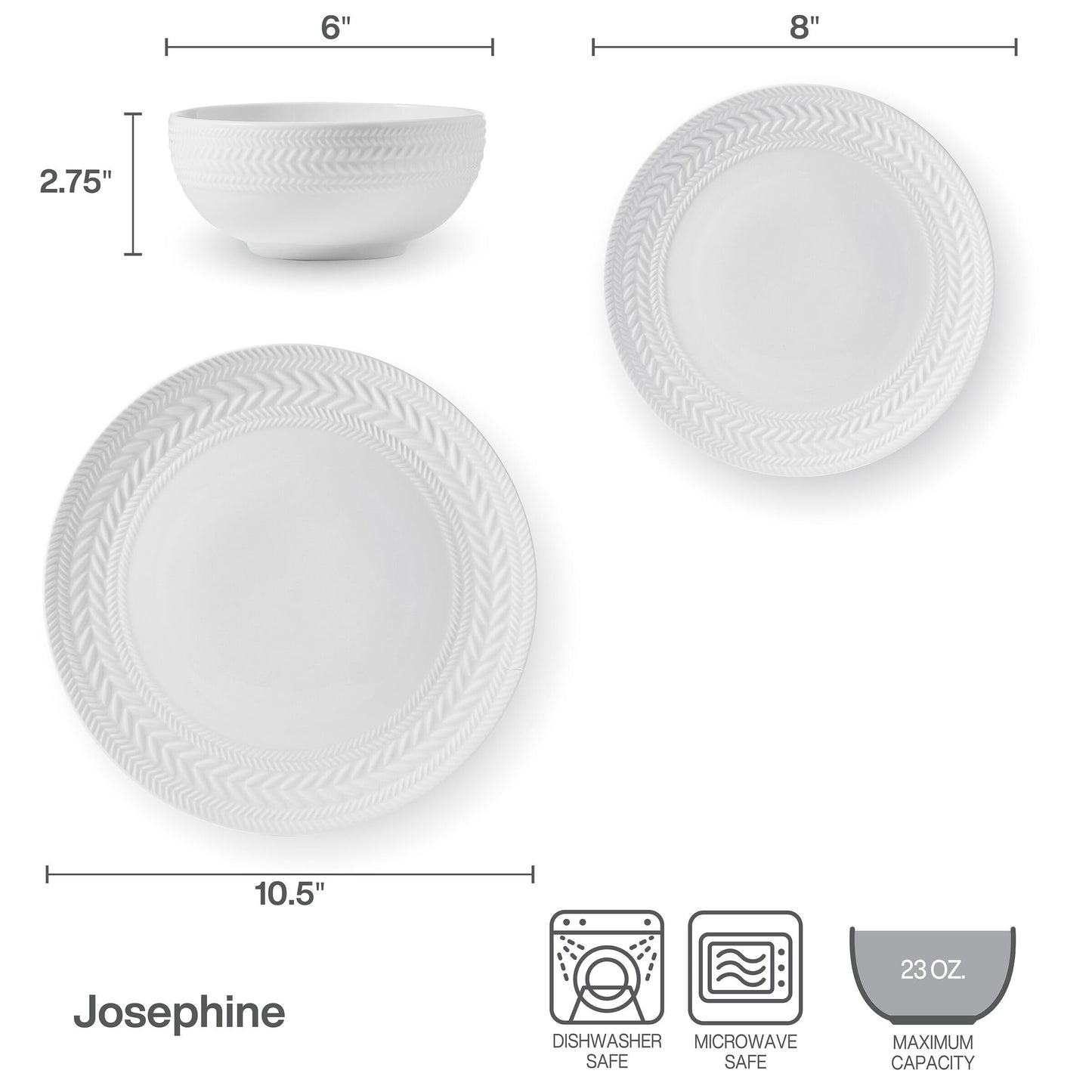 Pfaltzgraff Josephine 24-Piece Dinnerware Set, Porcelain Dish Set with Embossed Basket Weave Design, Service for 8, White Plates and Bowls Sets, Microwave and Dishwasher Safe