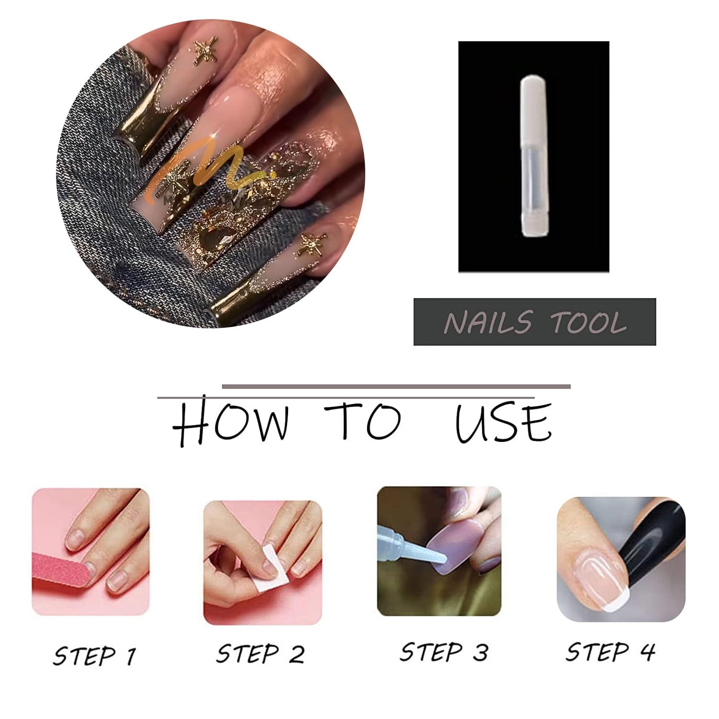 MISUD Press on Nails - Long Square Fake Nails with Gold Chrome, Acrylic Bling Glitter Rhinestone Design 24 pcs