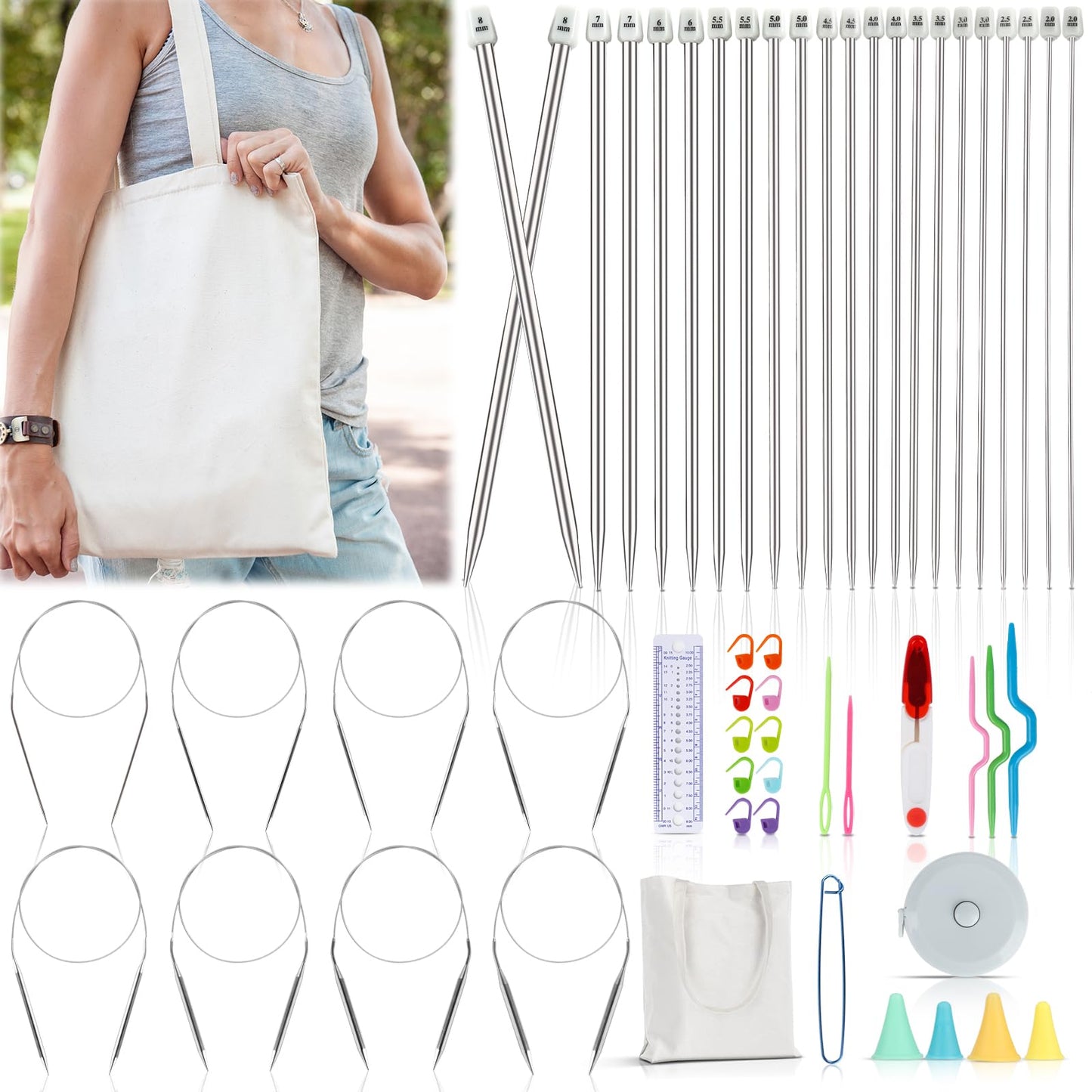 Katech Knitting Needles Set for Beginners, 9 Pairs Circular Knitting Needles Set and 22 Pcs Single Pointed Knitting Needle Set with Tote Bag Knitting Accessories Knit Supplies