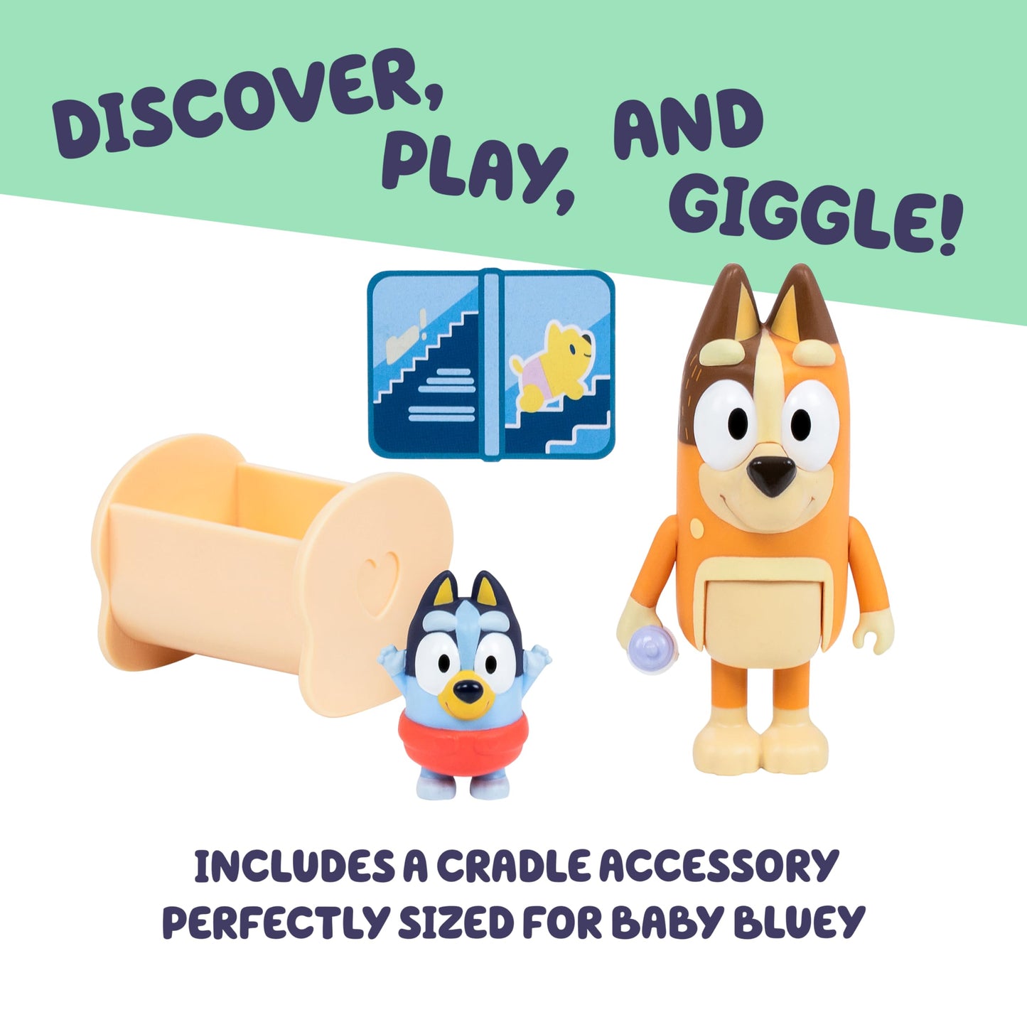 Bluey Baby Race Toy Figurines Pack of 2, Articulated Character Toys with Chilli, and Baby in Cradle Accessory, Small Action Figures Ages 3+