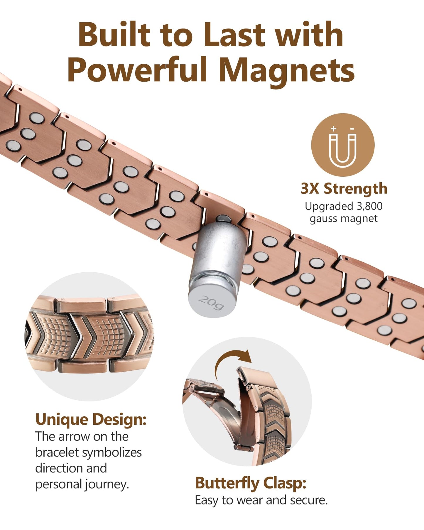 Feraco Copper Bracelet for Men 3X Strength,Magnetic Therapy Bracelet Copper Jewelry with Powerful 3800 Gauss Magnets,Premium Fold-Over Clasp(Upgrade)