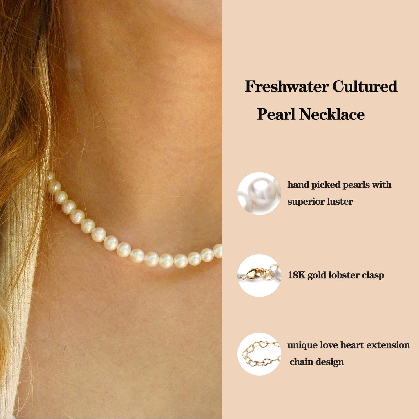 Round White Pearl Necklace for Women Men 6MM Pearl Choker Necklace