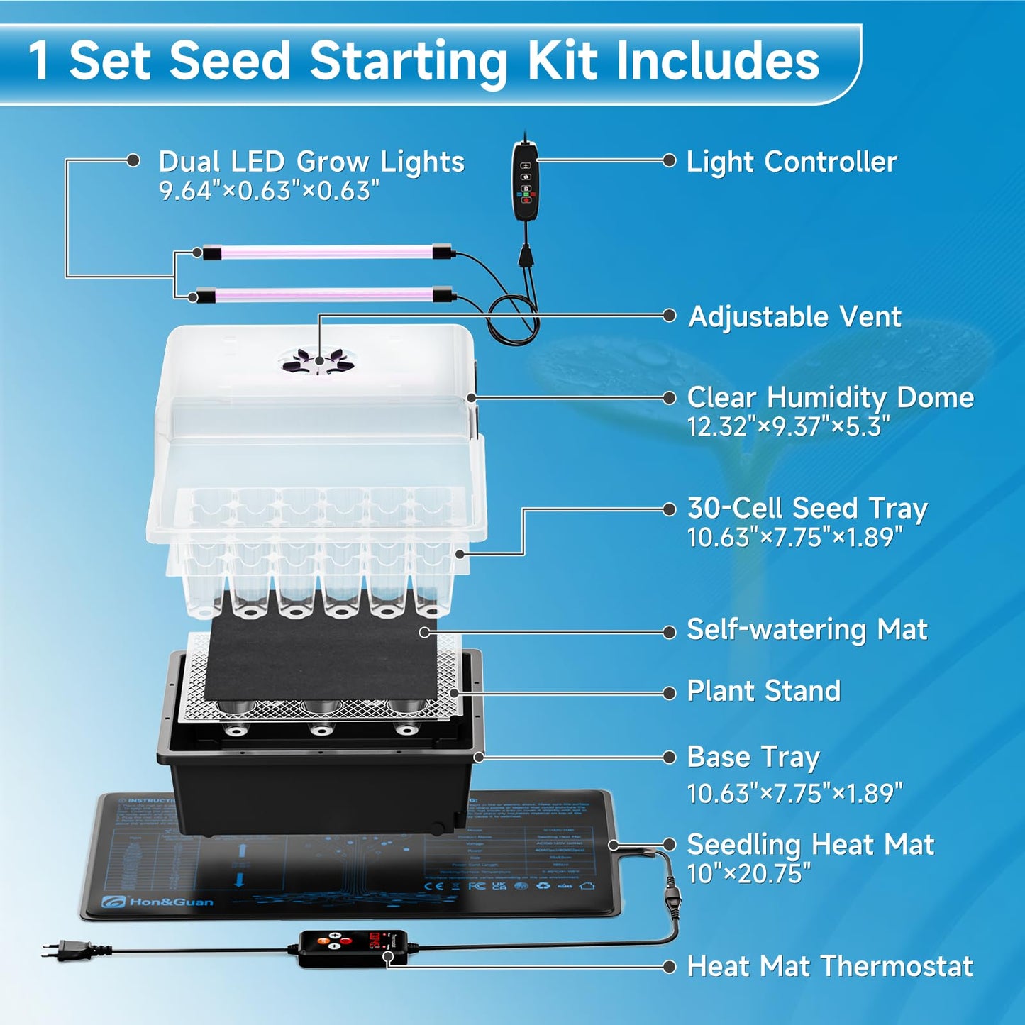 Hon&Guan 1 Pack Seed Starting Kit - 30 Cell Seed Starter Tray with Higher 5.3” Humidity Dome, LED Growing Lights and 10"x20.75" Seedling Heat Mat, Adjustable Vents - Germination & Plant Propagation