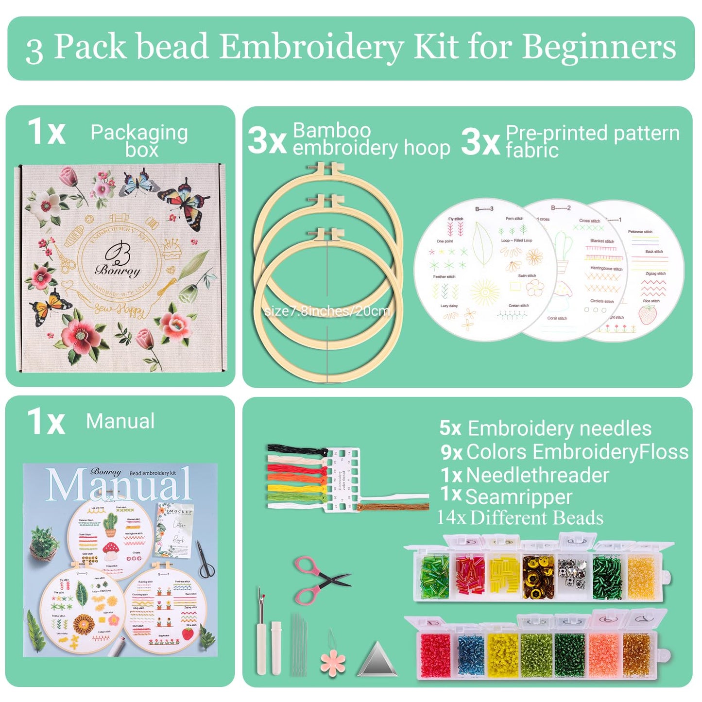 Bonroy Beginners Embroidery Kit for Adult Beginners, Beaded Embroidery Kit, Beginner Bead Embroidery Practice (BY-BD-S)