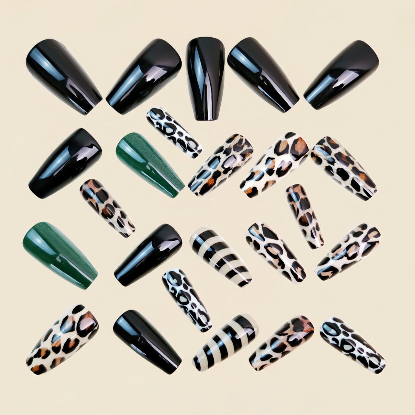 Fall Press on Nails Medium Coffin Fake Nails with Leopard Print Black Lines Designs Glossy Glue on Nails Green Nails Press ons Autumn Acrylic Artificial Stick on Nails for Women 24Pcs