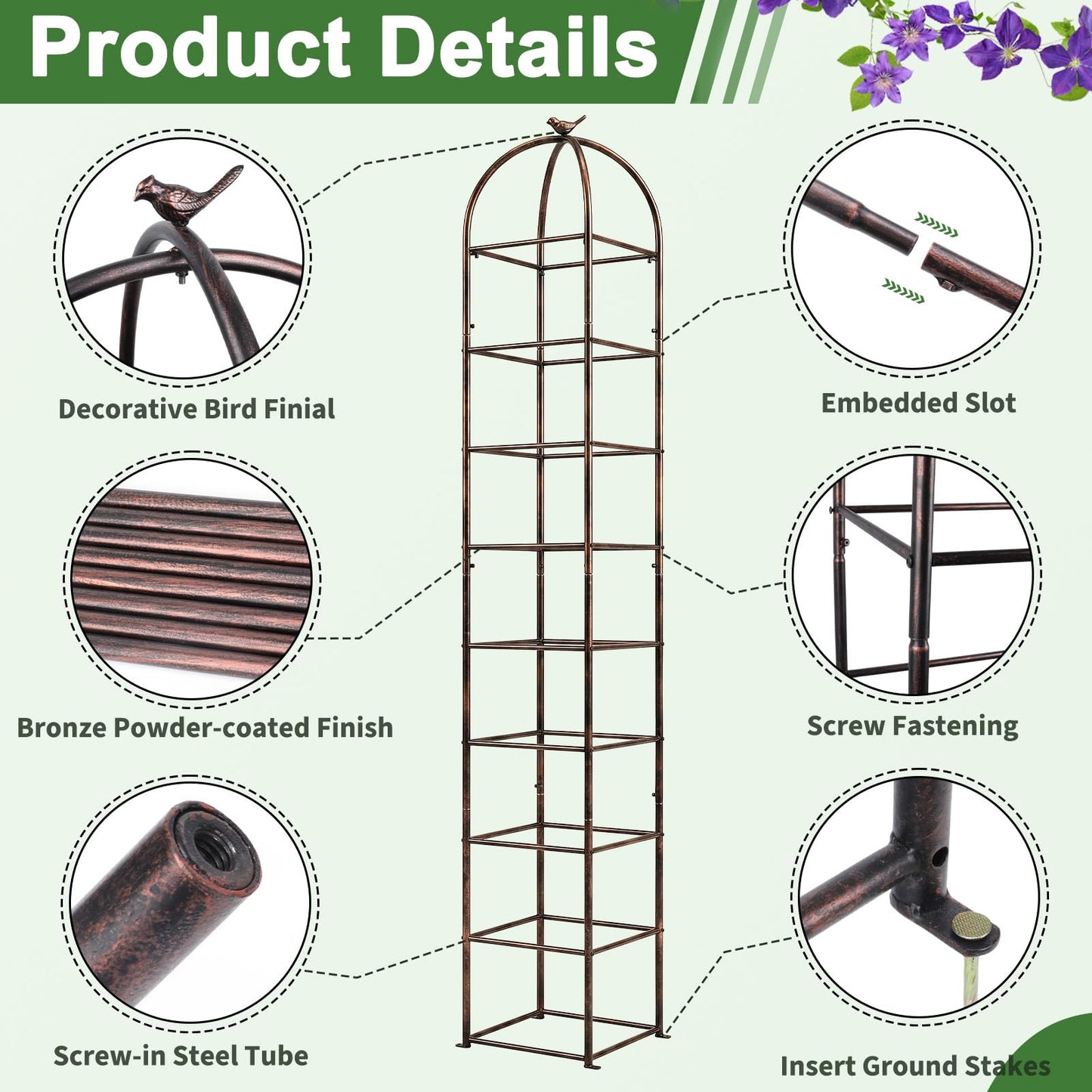 Heavy Duty 8.4 FT Garden Obelisk Trellis for Climbing Plants Outdoor, Rust-Resistant Large Metal Plant Support Tower with Bird Topper & Ground Stakes, Yard Art Decor for Roses Clematis Vines (Bronze)