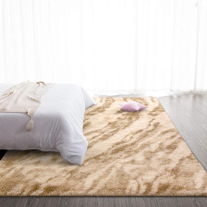 TWINNIS Super Soft Shaggy Rugs Fluffy Carpets, 4x5.9 Feet, Indoor Modern Plush Area Rugs for Living Room Bedroom Kids Room Nursery Home Decor, Upgrade Anti-Skid Rectangular Fuzzy Rug, Beige Brown