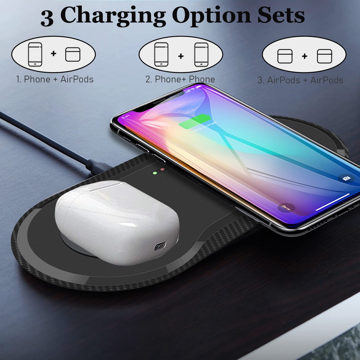 30W Fast Wireless Charger, Vchiming 2 in 1 Wireless Charging Pad, Dual 15W Wireless Charging Station for Galaxy iPhone AirPods Type C Cable Included, Black