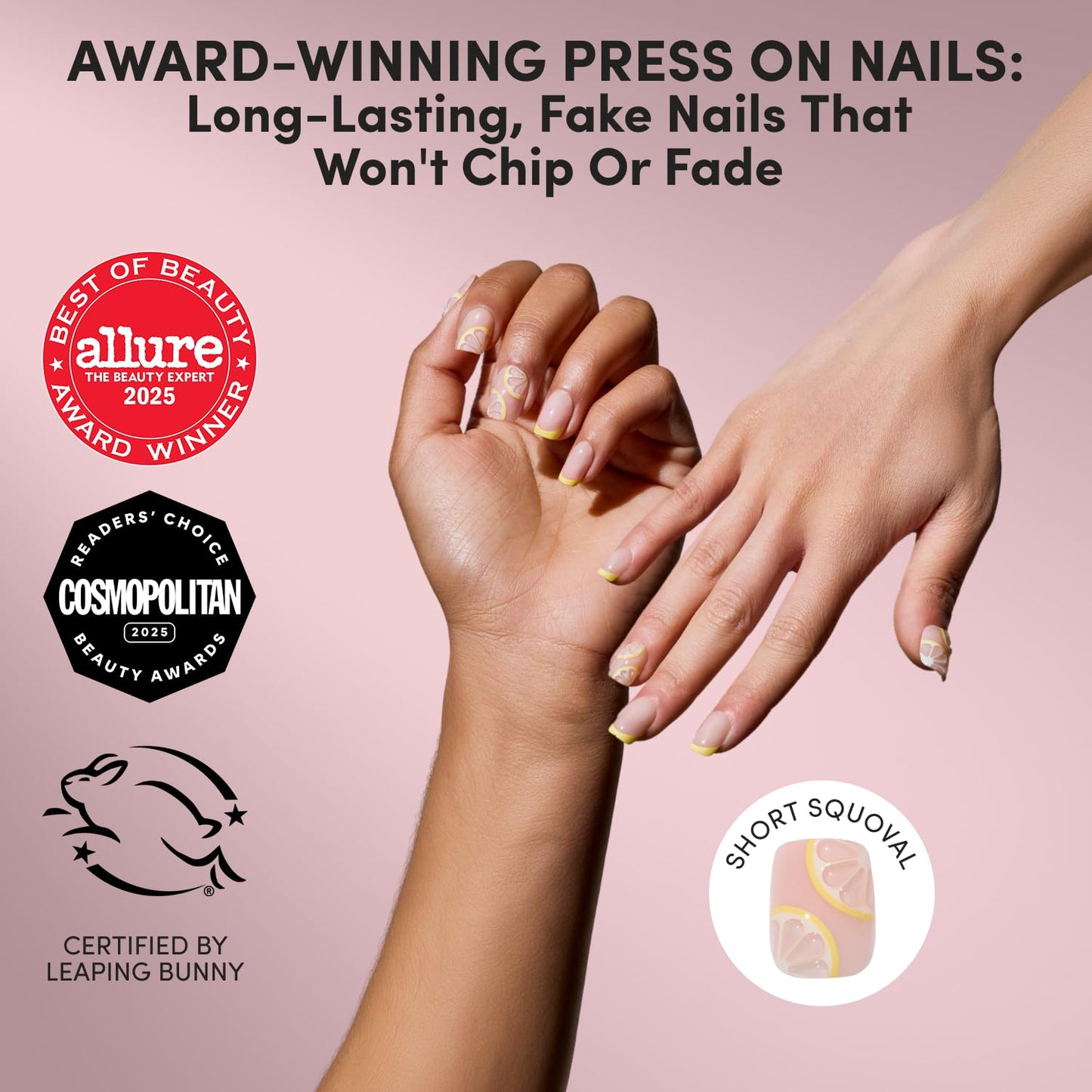 Glamnetic Press On Nails - Short Squoval Fake Nails with French Tips & Lemons | Salon Quality Summer Nails | Limonata |15 Sizes - 30 Nail Kit with Glue