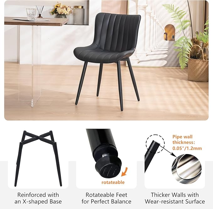 YOUNUOKE Black Dining Chairs Set of 2, Faux Leather Upholstered Kitchen & Dining Room Chairs with Back, Mid Century Modern Minimalist Accent Chair Armless for Guest Reception Waiting Living Room