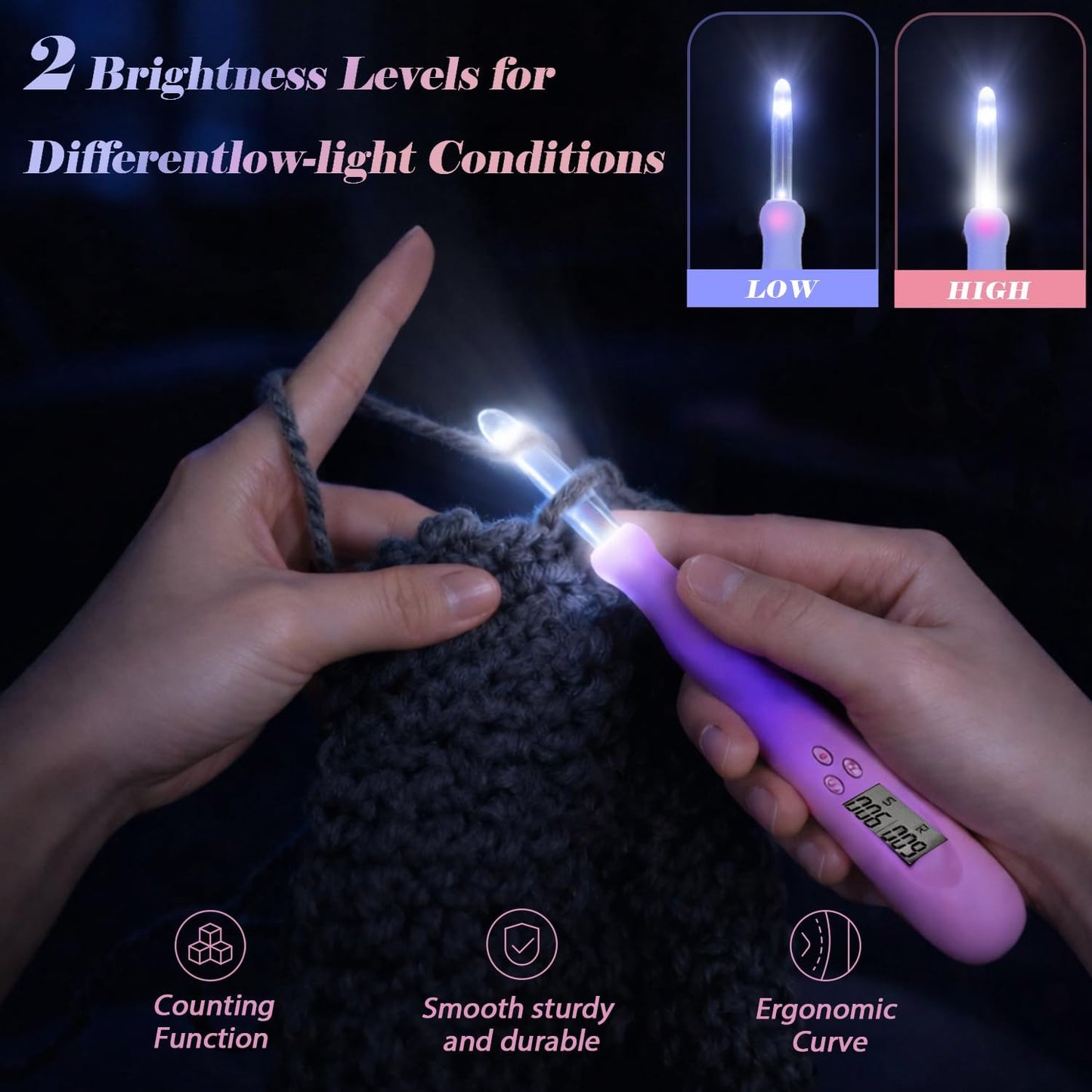Yarniss 22 in 1 Lighted Counting Crochet Hook Set with Spiral Handle 2.0~14.0mm,Rechargeable Light Up Crochet Hook with Stitch Counter & Case,Gradiant Purple