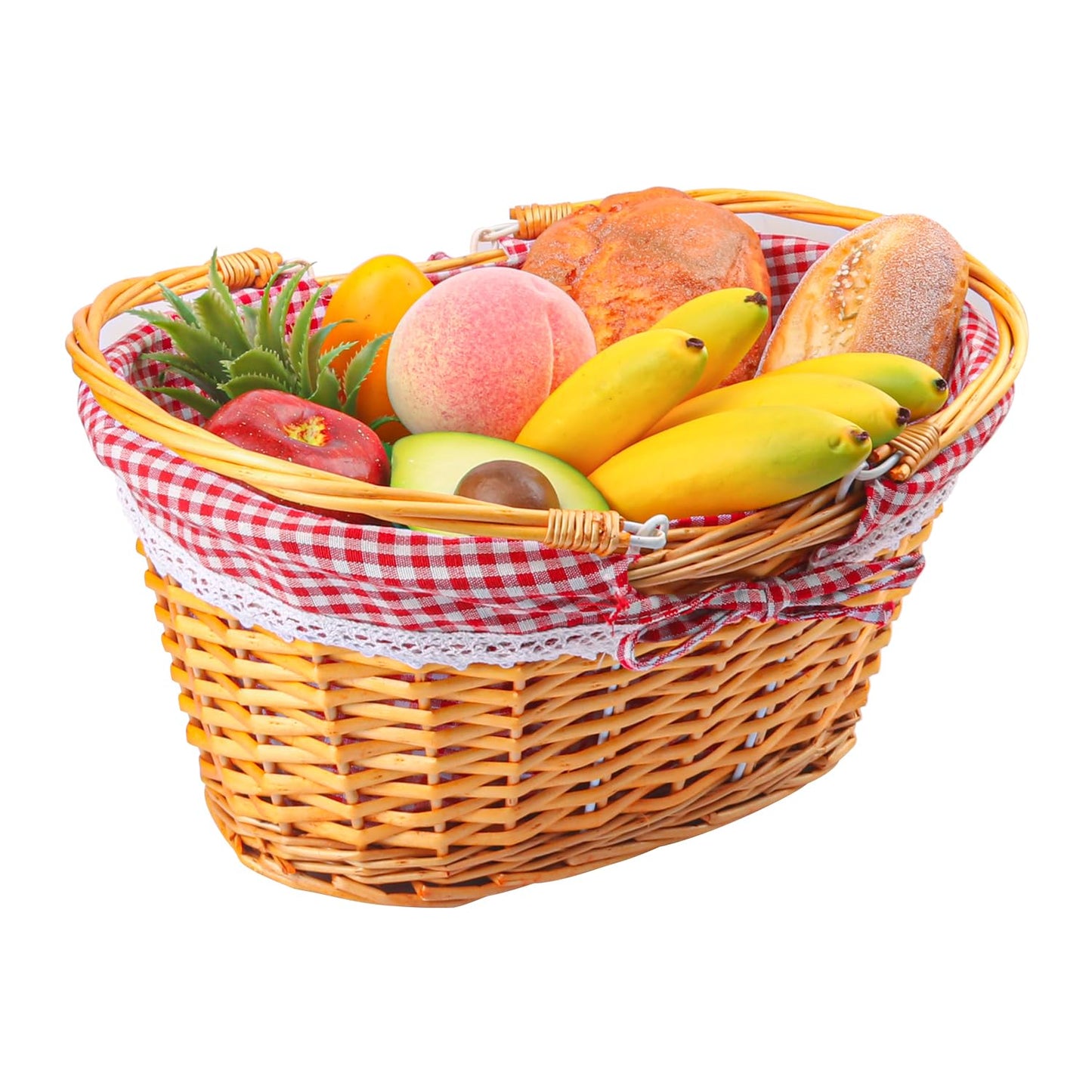 Geytetqi 1 Pack 14.2 Inch Natural Wicker Basket with Checkered Lining, Oval Wicker Woven Basket with Handle, Willow Woven Picnic Baskets for Picnic, Camping, Party(Large)