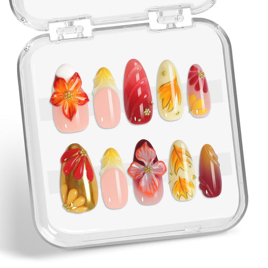 Handmade Press on Nails French Medium Almond Fake Nails with 3D Flower Pink Red Gradient Design Gold Maple Leaf False Nails for Girls Manicure Art Decoration Accessories (Size S)