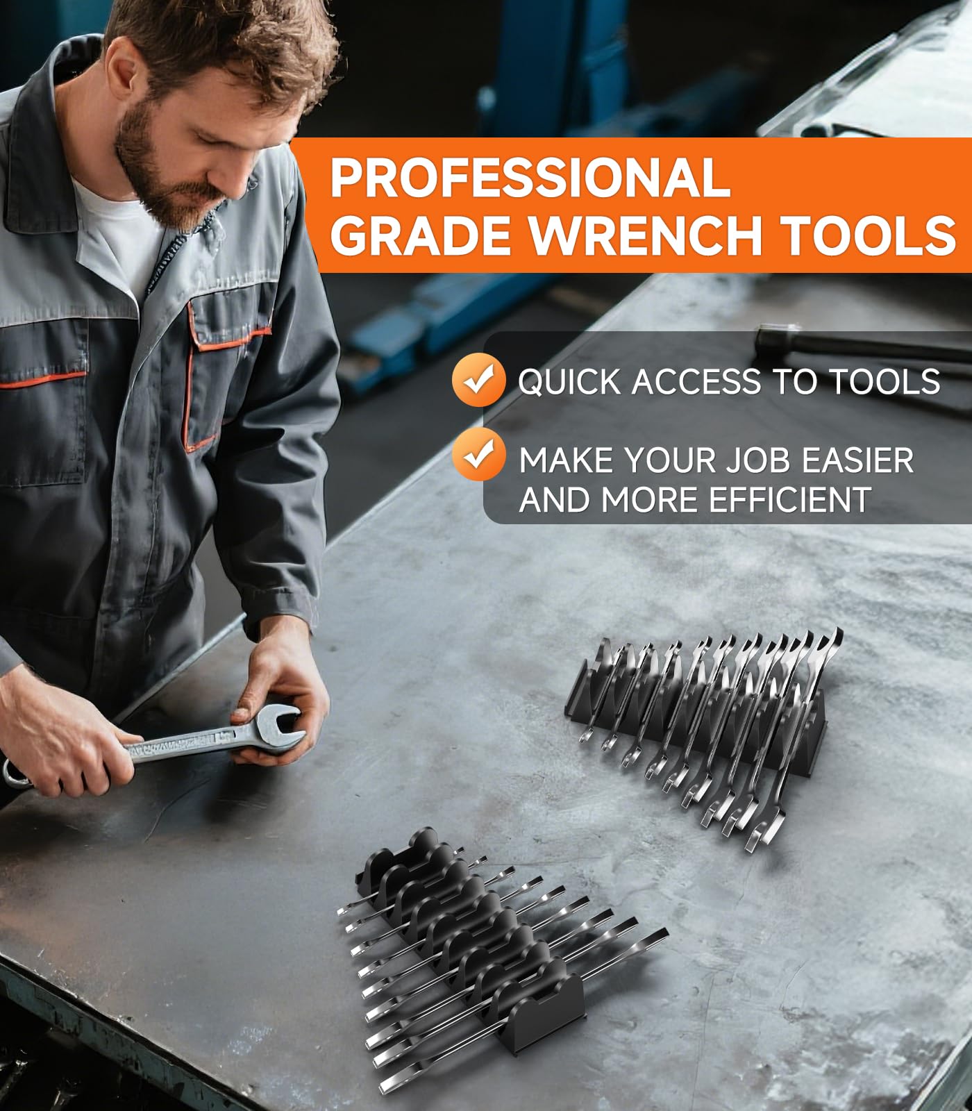 Luomeic 40PCS Modular Wrench Organizer Holder - Storage Set with Metric & SAE Florescent Label & Anti-Slip Mat, Wrench Rack for Tool Box Drawer, Tool Gift for Professional Mechanics Men
