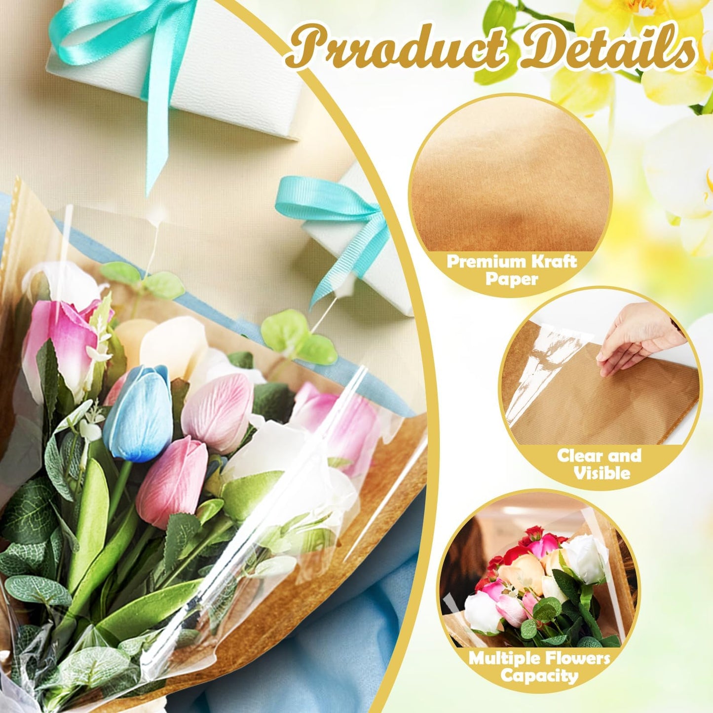 Srmayyi 100 PCS Flower Bags for Bouquets, Kraft Flower Wrapping Bags, Floral Wrapping Paper, 15.8" x 13.8" x 3.9" for Multiple Occasions
