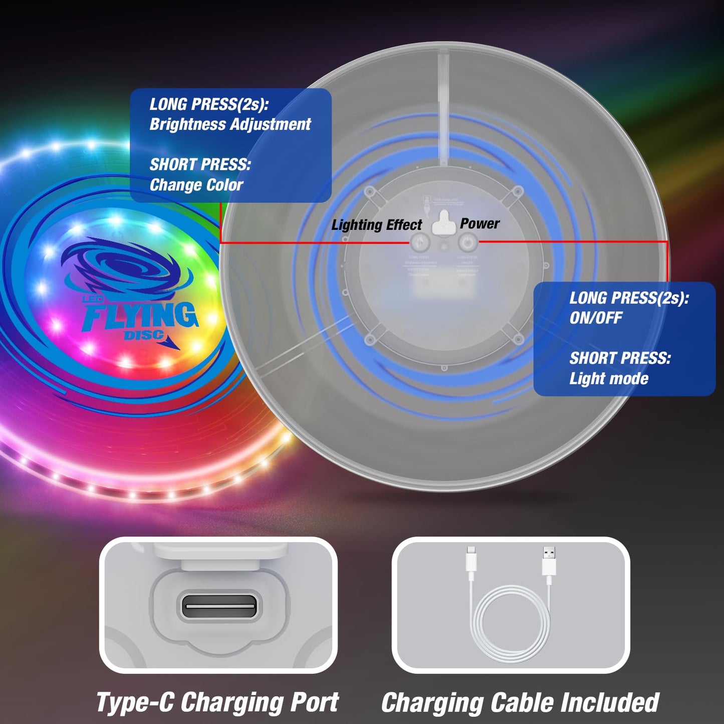 HYES 2 Pack Light up Flying Discs for Kids, Rechargeable Disc with 45 LEDs, 14 Lighting Modes(10")&Built-in Battery Disc(7.8"), Glow in The Dark Ring for Beach/Camping/Outdoor Sport