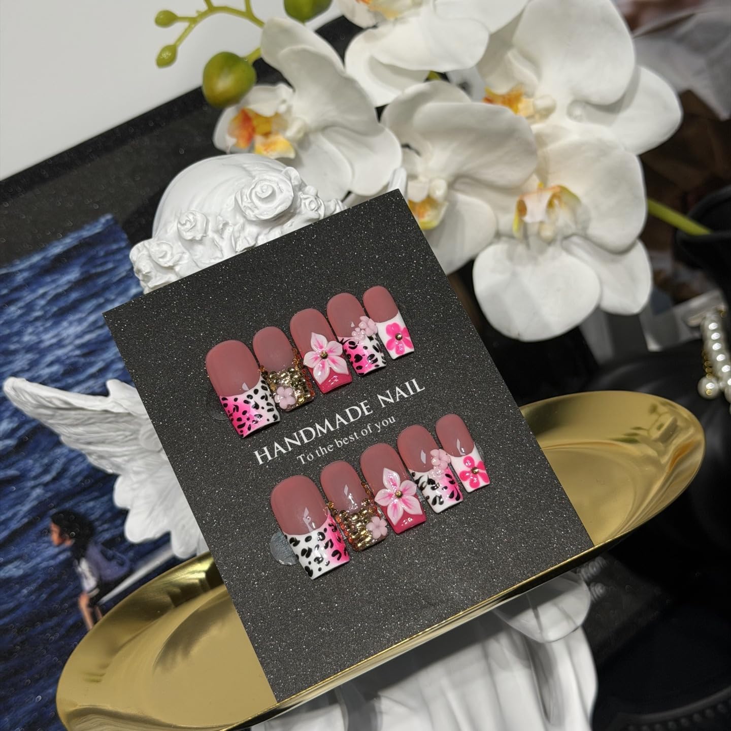 Vseegrs Pink Handmade Press on NailsSquare Medium Leopard Artificial False Nails with Designs 3D Flowers Acrylic Nail Press ons Gold Embossed Press on Nail Kit for Women 10pcs (S)
