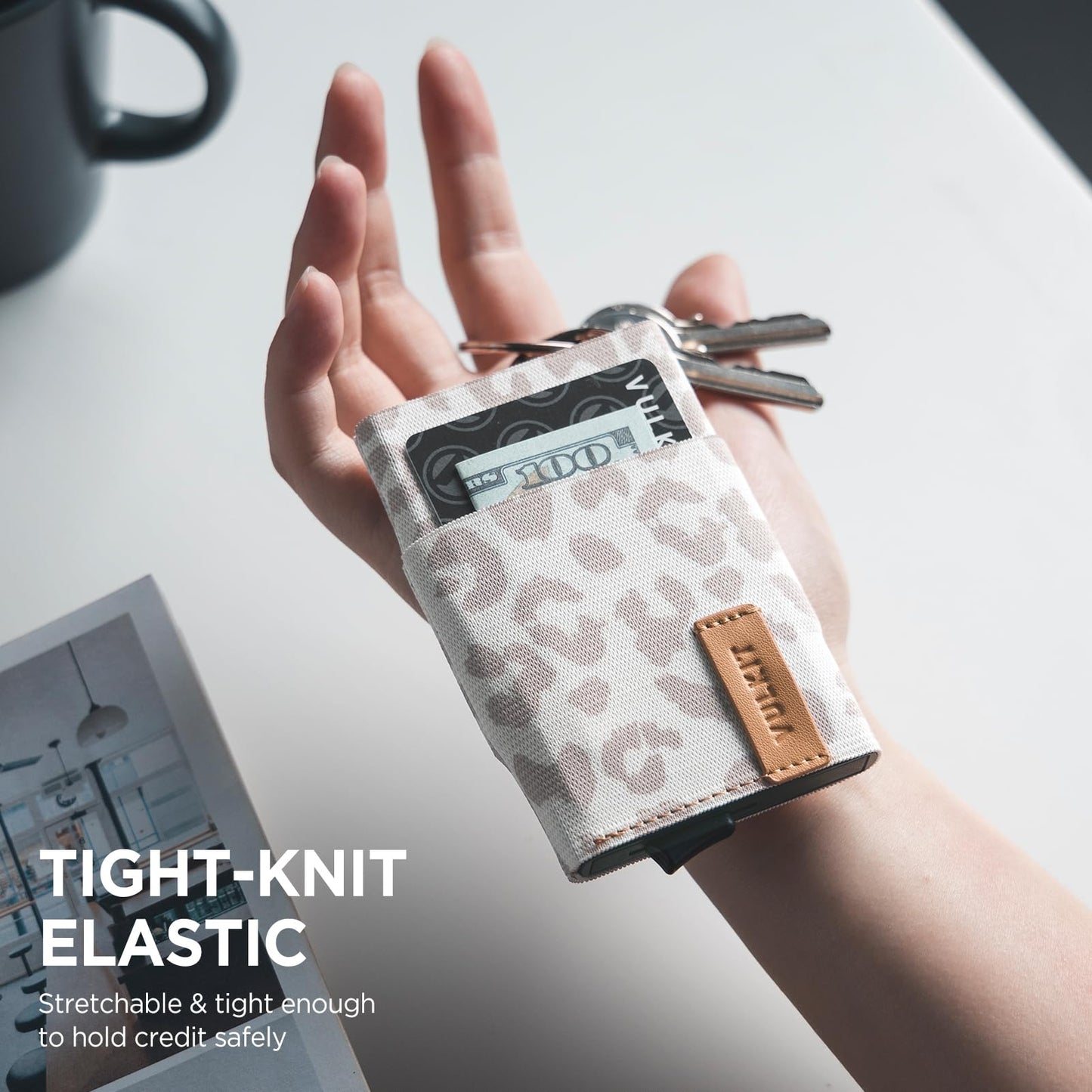 VULKIT Pop up Wallet for Women with Keychain, RFID Blocking Minimalist Slim Credit Card Holder for Gift Leopard Khaki